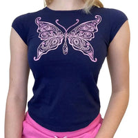 Ladies' retro print crop tee by MANDOTOS featuring colorful vintage-inspired design and short sleeves.
