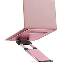 Mandotos laptop stand for desk with 360° rotating base, adjustable ergonomic support for laptops and workspace organization.