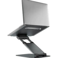Mandotos laptop stand for desk with 360° rotating base, adjustable height, and ergonomic design for improved workspace comfort.