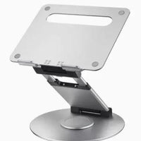 Mandotos laptop stand for desk with 360° rotating base, adjustable height, and sturdy design for ergonomic workspace setup.