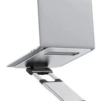 Mandotos laptop stand for desk with 360° rotating base, adjustable height, and sturdy design for ergonomic workspace setup.