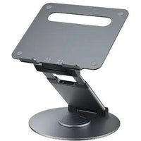 Mandotos laptop stand for desk with 360° rotating base, adjustable height, and ergonomic design for improved workspace comfort.