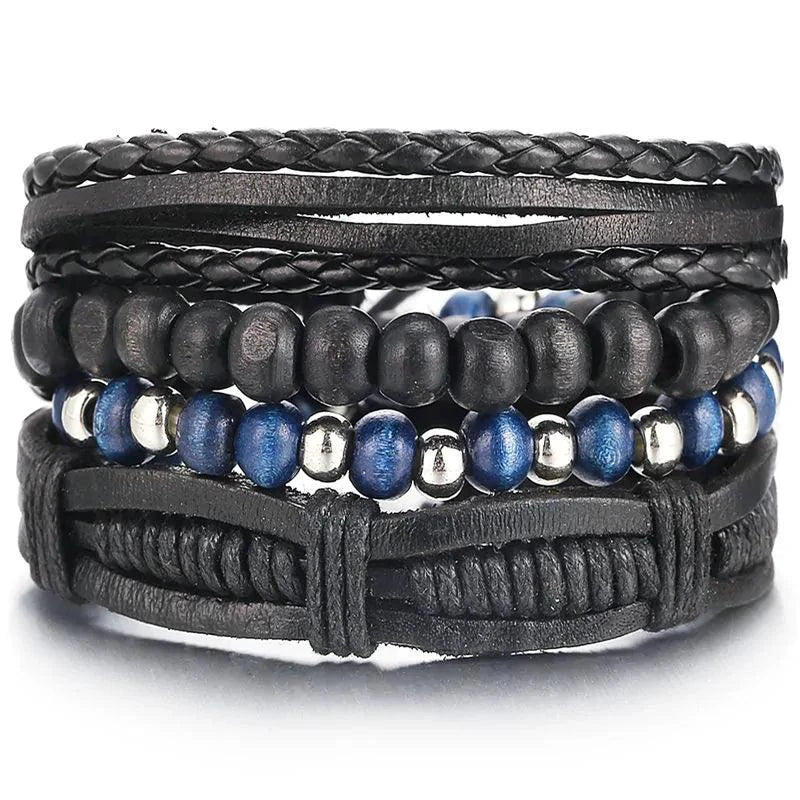Layered leather charm bracelet with metal and bead accents from MANDOTOS, stylish accessory for casual or boho outfits.