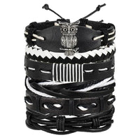 Mandotos layered leather charm bracelet with multiple leather strands and metal charms, stylish and versatile accessory.