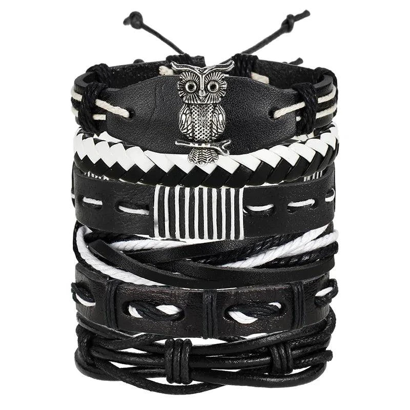Mandotos layered leather charm bracelet with multiple leather strands and metal charms, stylish and versatile accessory.