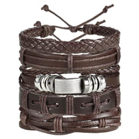Mandotos layered leather charm bracelet featuring multiple leather bands and metal charms for a stylish accessory.