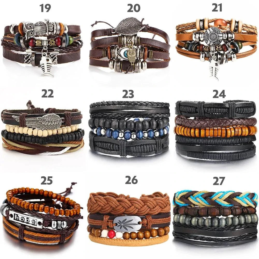 Mandotos layered leather charm bracelet with metal and leather accents, stylish accessory for casual or boho outfits