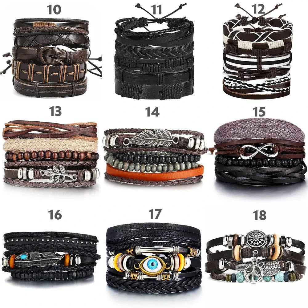 Layered leather charm bracelet by MANDOTOS featuring multiple leather strands and decorative metal charms.