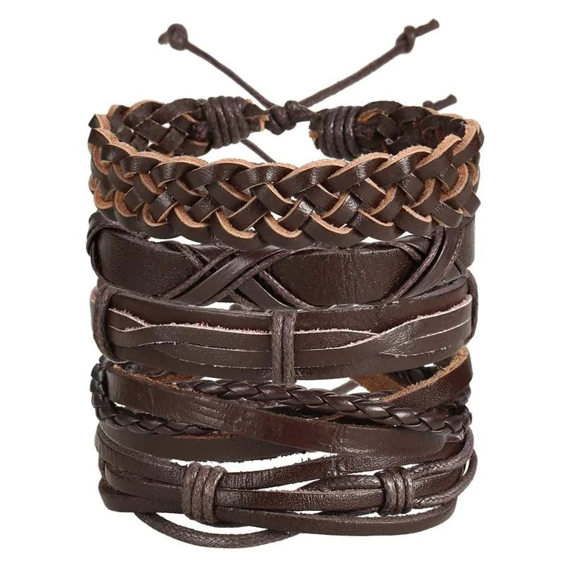 Mandotos layered leather charm bracelet with multiple leather straps and metal charms, stylish and adjustable accessory.
