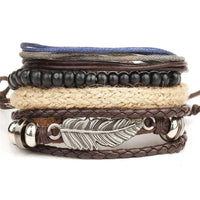 Mandotos layered leather charm bracelet featuring multiple leather strands and metal charms on a neutral background.