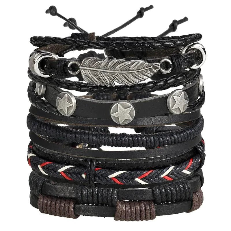 Layered leather charm bracelet by MANDOTOS featuring multiple leather strands and metal charms on a neutral background.