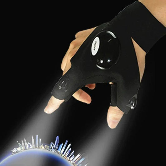 Mandotos LED fingerless adventure glove with built-in light, black breathable fabric, and adjustable wrist strap.