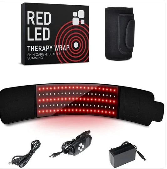 Mandotos LED Infrared Belt Therapy Device shown on a person’s waist for pain relief and muscle relaxation.