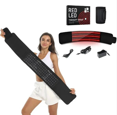 Mandotos LED Infrared Belt Therapy Device showing a black belt with LED lights for pain relief and muscle therapy.