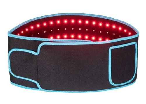 Mandotos LED infrared belt therapy device showing a black belt with LED lights for pain relief and muscle relaxation.
