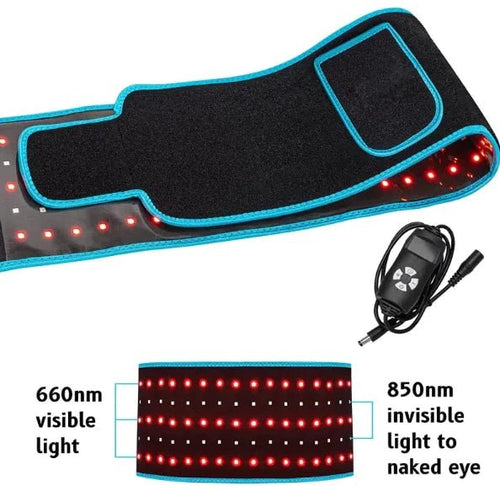 MANDOTOS LED Infrared Belt Therapy Device showing a black belt with LED lights for pain relief and muscle therapy