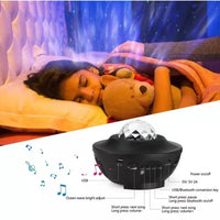 Mandotos LED Star Galaxy Projector Lamp displaying colorful star and galaxy light patterns on a wall.