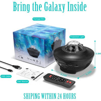 Mandotos LED Star Galaxy Projector Lamp displaying colorful star and galaxy light projections on a dark wall.