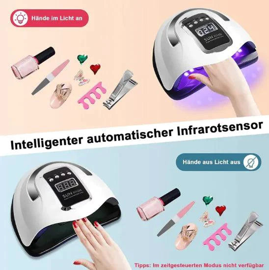 Mandotos LED UV gel nail curing lamp with digital display and adjustable settings for professional nail art application