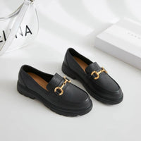 Mandotos women's loafers shoes with sleek black leather and classic slip-on design, ideal for casual or office wear.