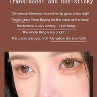 Mandotos long-lasting lip gloss with moisturizing, waterproof formula and mirror finish, shown on lips for a glossy look.