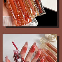 Mandotos long-lasting lip gloss with moisturizing, waterproof formula and mirror-like finish, applied on lips for a glossy look.