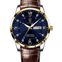 Mandotos luminous men's waterproof dual calendar watch with black strap and silver dial, displaying day and date.