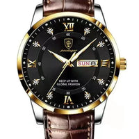 Luminous men's waterproof dual calendar watch by MANDOTOS showing time and date on a black dial with luminous hands.