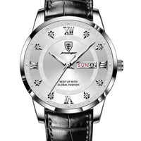 Luminous men's waterproof dual calendar watch by MANDOTOS showing time, date, and luminous dial in a close-up image.