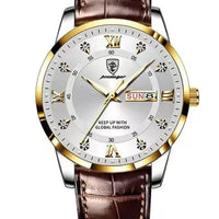 Mandotos luminous men's waterproof dual calendar watch showing time and date with glowing dial and stainless steel strap.