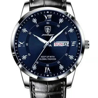 Luminous men's waterproof dual calendar watch by MANDOTOS showing the time, date, and luminous dial in a close-up view.