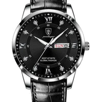 Luminous men's waterproof dual calendar watch by MANDOTOS showing time, date, and luminous hands on a black dial.