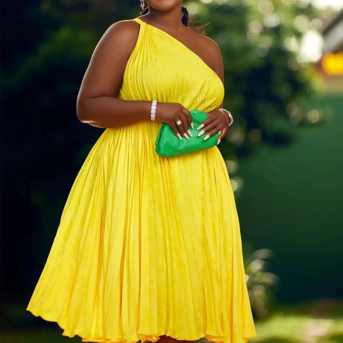 Luxe Couture Ruffle Midi Dress with Flowing Pleats for Effortless Elegance - MANDOTOS
