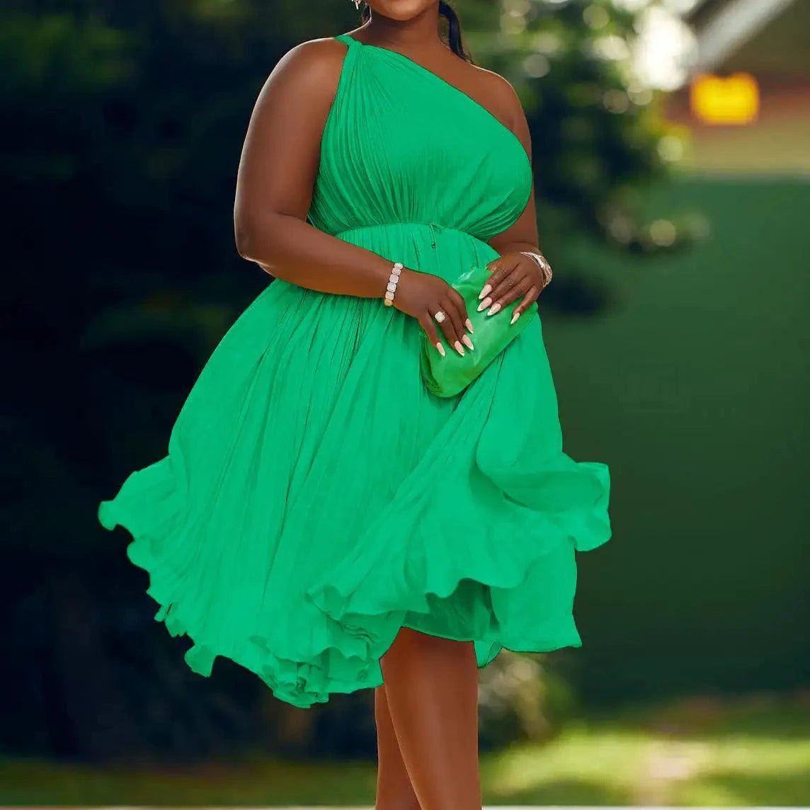 Luxe Couture Ruffle Midi Dress with Flowing Pleats for Effortless Elegance - MANDOTOS