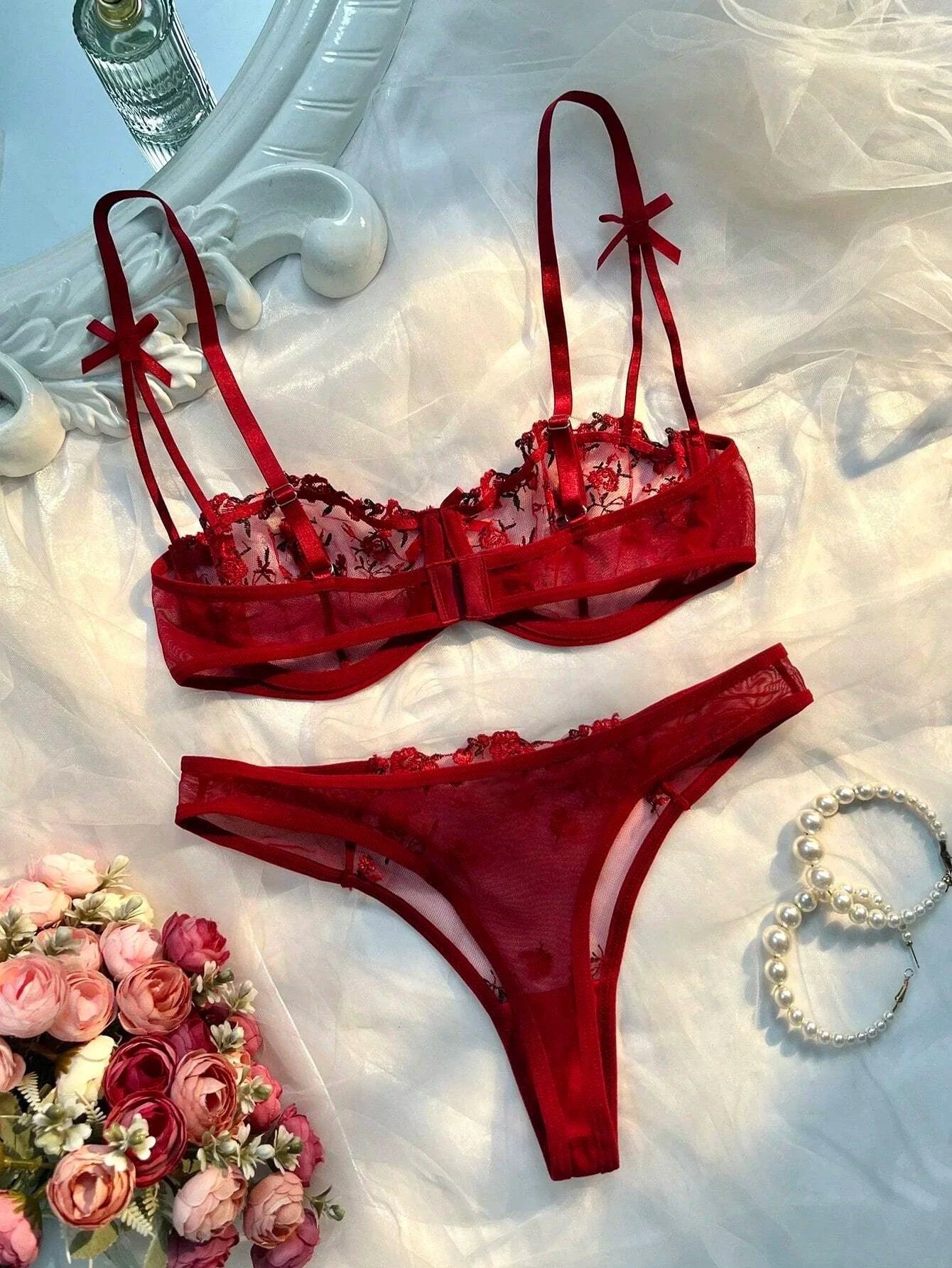 Round Up Night Beautiful Sexy Women 2 Piece Floral Embroidery Underwear Sexy Erotic Lingerie Underwear Lenceria Sexy Sets - MANDOTOS