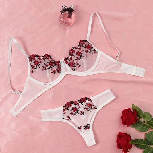 Round Up Night Beautiful Sexy Women 2 Piece Floral Embroidery Underwear Sexy Erotic Lingerie Underwear Lenceria Sexy Sets - MANDOTOS