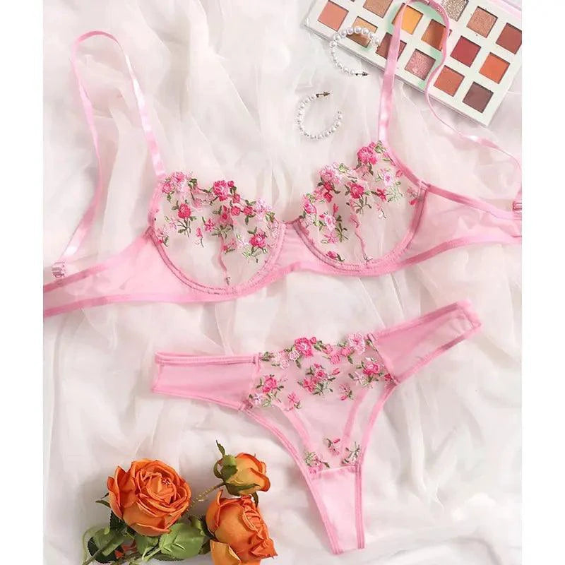 Round Up Night Beautiful Sexy Women 2 Piece Floral Embroidery Underwear Sexy Erotic Lingerie Underwear Lenceria Sexy Sets - MANDOTOS