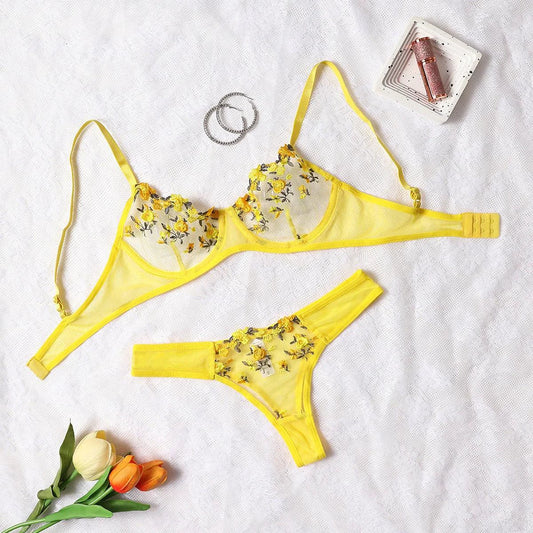 Round Up Night Beautiful Sexy Women 2 Piece Floral Embroidery Underwear Sexy Erotic Lingerie Underwear Lenceria Sexy Sets - MANDOTOS