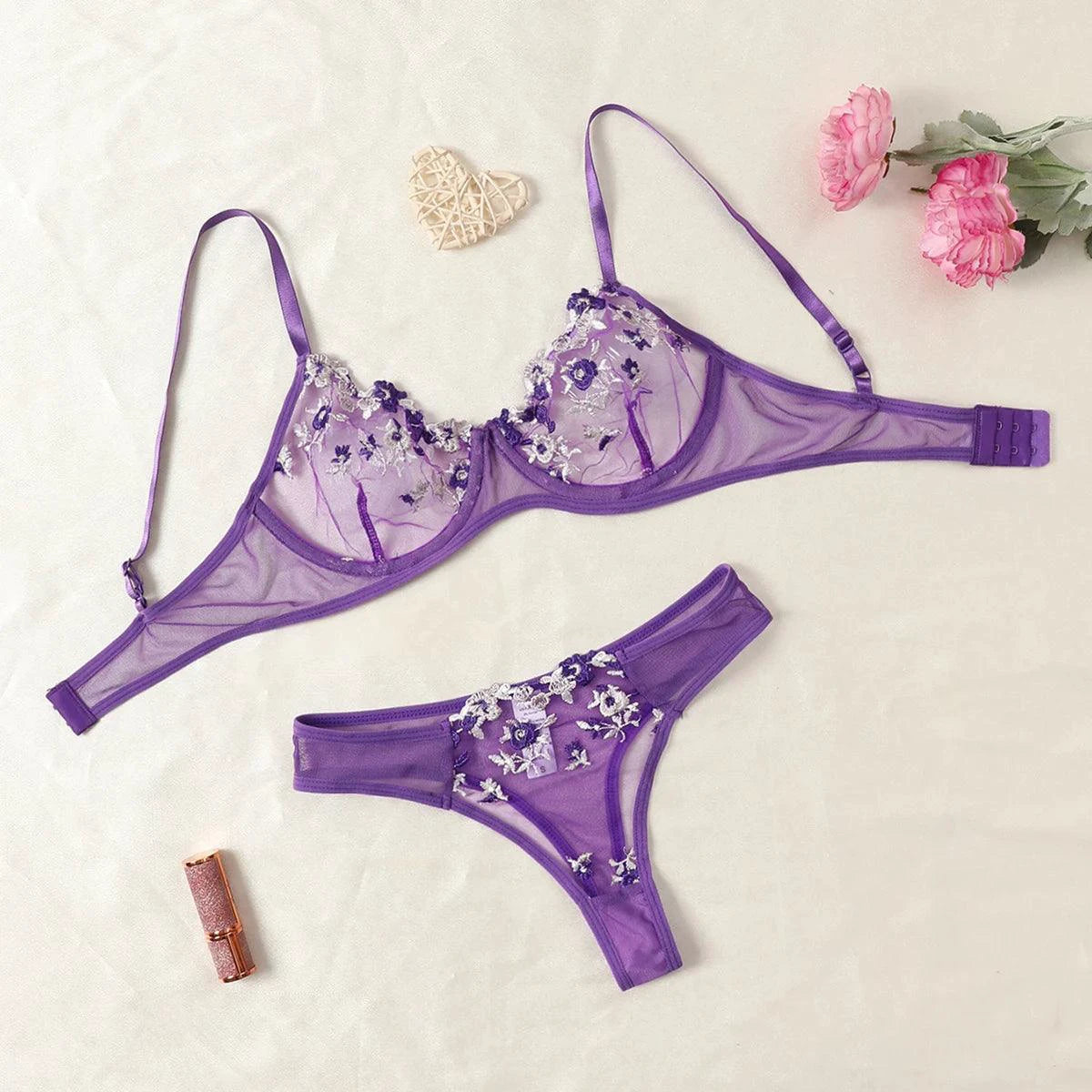Round Up Night Beautiful Sexy Women 2 Piece Floral Embroidery Underwear Sexy Erotic Lingerie Underwear Lenceria Sexy Sets - MANDOTOS