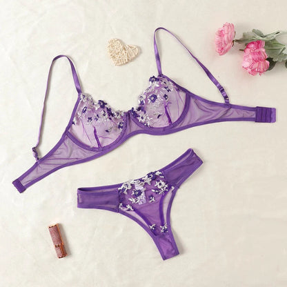 Round Up Night Beautiful Sexy Women 2 Piece Floral Embroidery Underwear Sexy Erotic Lingerie Underwear Lenceria Sexy Sets - MANDOTOS