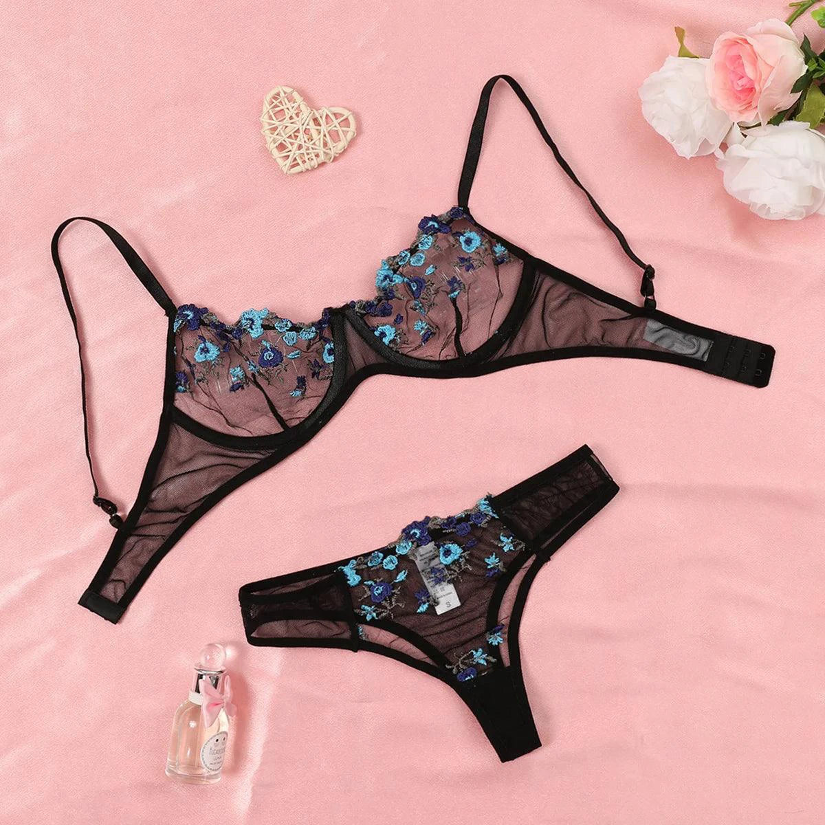 Round Up Night Beautiful Sexy Women 2 Piece Floral Embroidery Underwear Sexy Erotic Lingerie Underwear Lenceria Sexy Sets - MANDOTOS