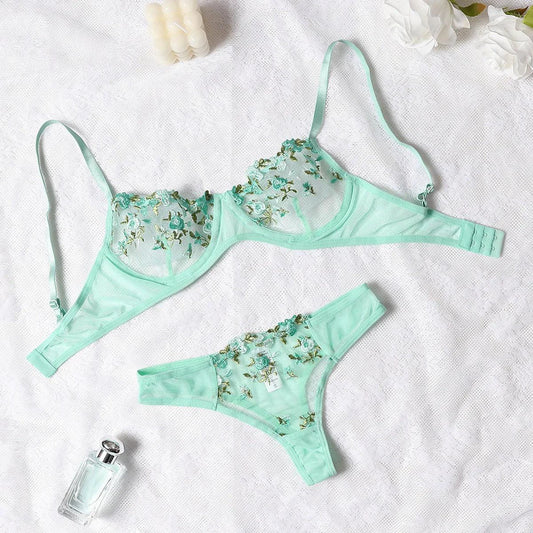 Round Up Night Beautiful Sexy Women 2 Piece Floral Embroidery Underwear Sexy Erotic Lingerie Underwear Lenceria Sexy Sets - MANDOTOS