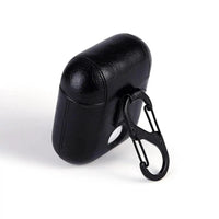 Mandotos Luxury AirPod leather protector showing sleek black leather case with precise cutouts for AirPods.