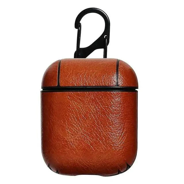 Luxury leather AirPod protector by MANDOTOS, showcasing a sleek black leather case with precise cutouts for AirPods.