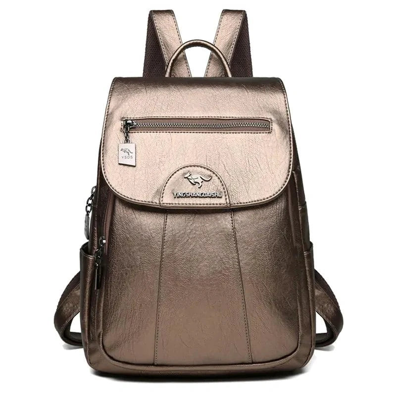 Luxury embossed leather backpack by MANDOTOS with sleek design and textured finish, featuring adjustable straps and top handle.