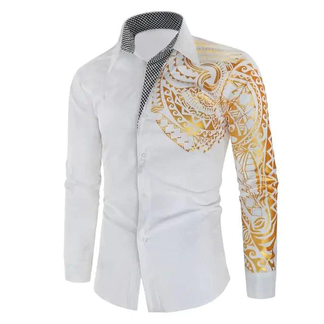Mandotos luxury black men's slim fit long sleeve shirt with gold accents, stylish and modern for formal or casual wear.