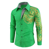 Mandotos luxury gold and black men's slim fit long sleeve shirt, stylish and modern for formal or casual wear.