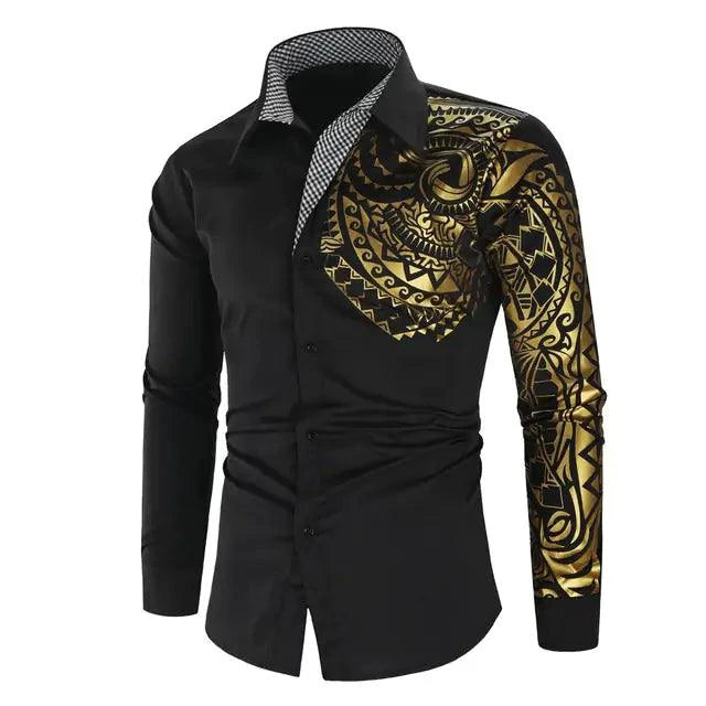 Mandotos luxury gold and black men's slim fit long sleeve shirt displayed with stylish design and tailored fit.