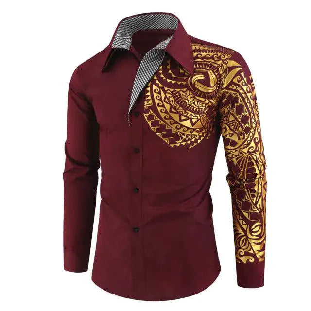 Men's slim fit black shirt with gold accents from MANDOTOS, long sleeve luxury shirt, modern and stylish for formal or casual wear.