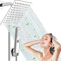 Luxury stainless steel MANDOTOS multifunction shower set with handheld and overhead shower heads for modern bathroom use.